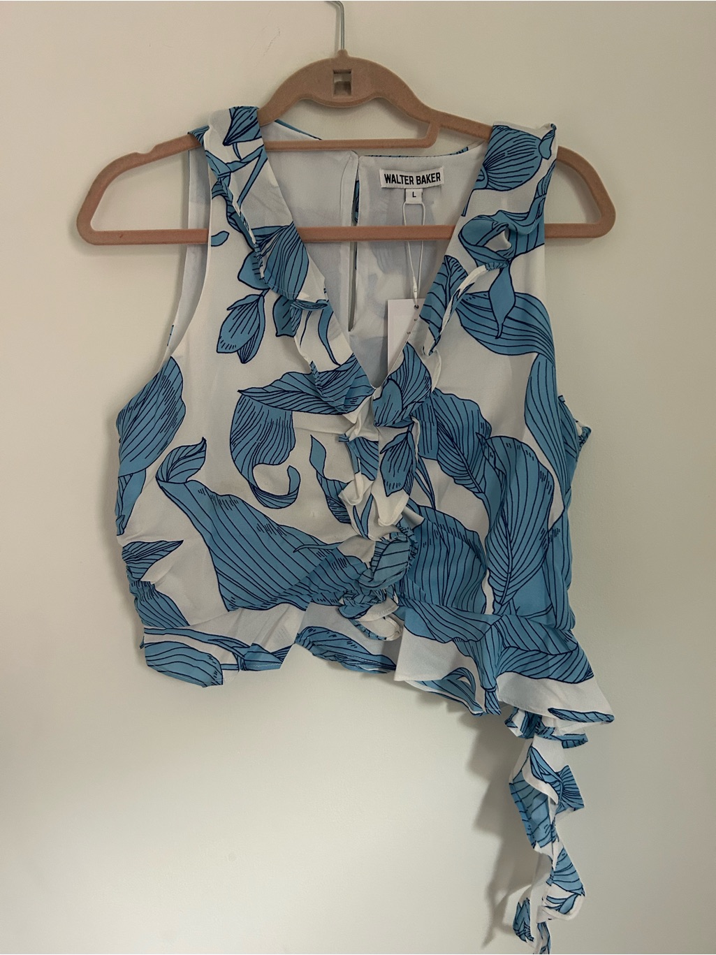 Walter Baker White Cami With Blue Floral Ruffle And Side Tie
